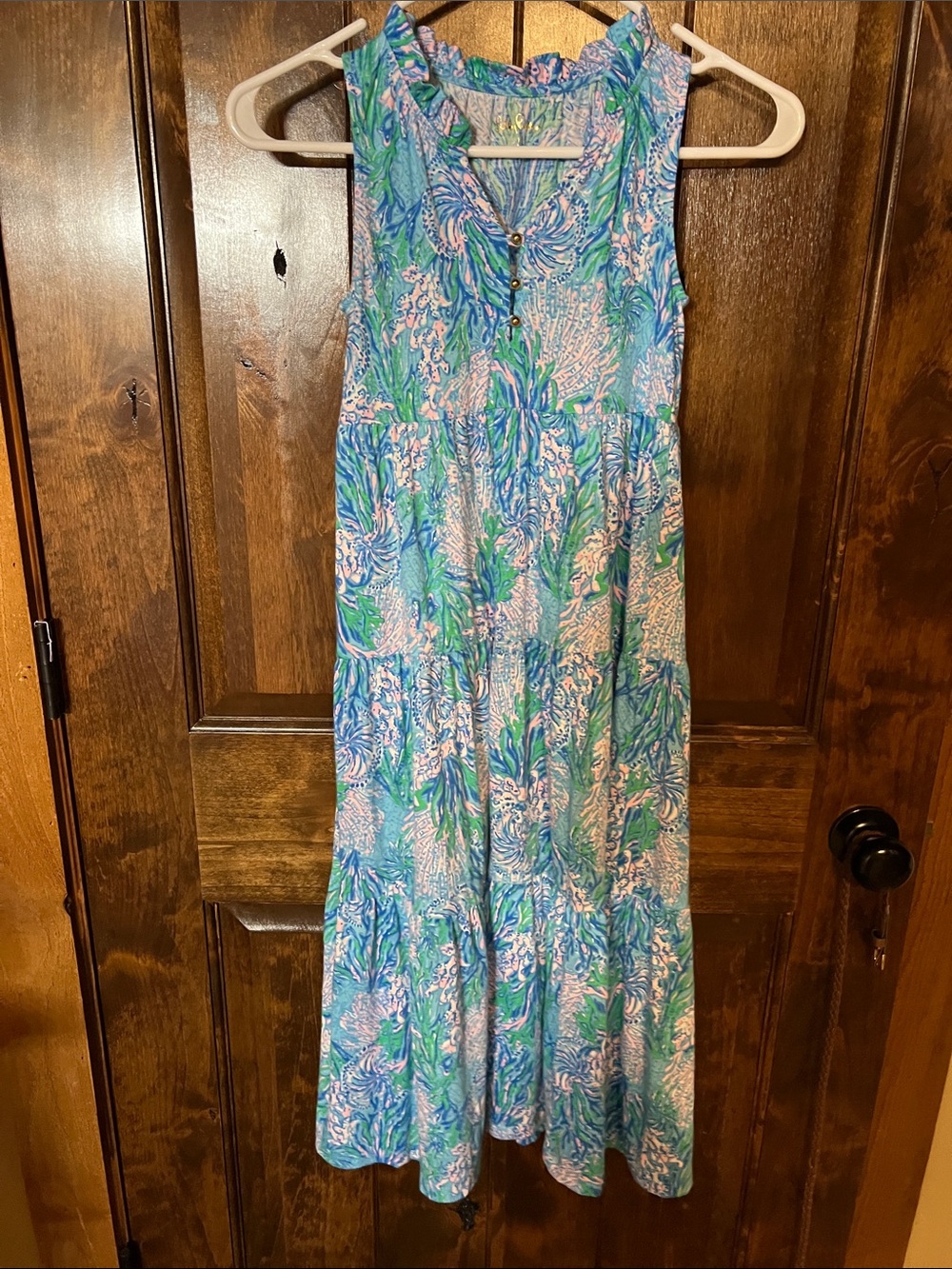 Lilly Pulitzer Girls Sleeveless Blue, Green & Pink Floral Sundress
